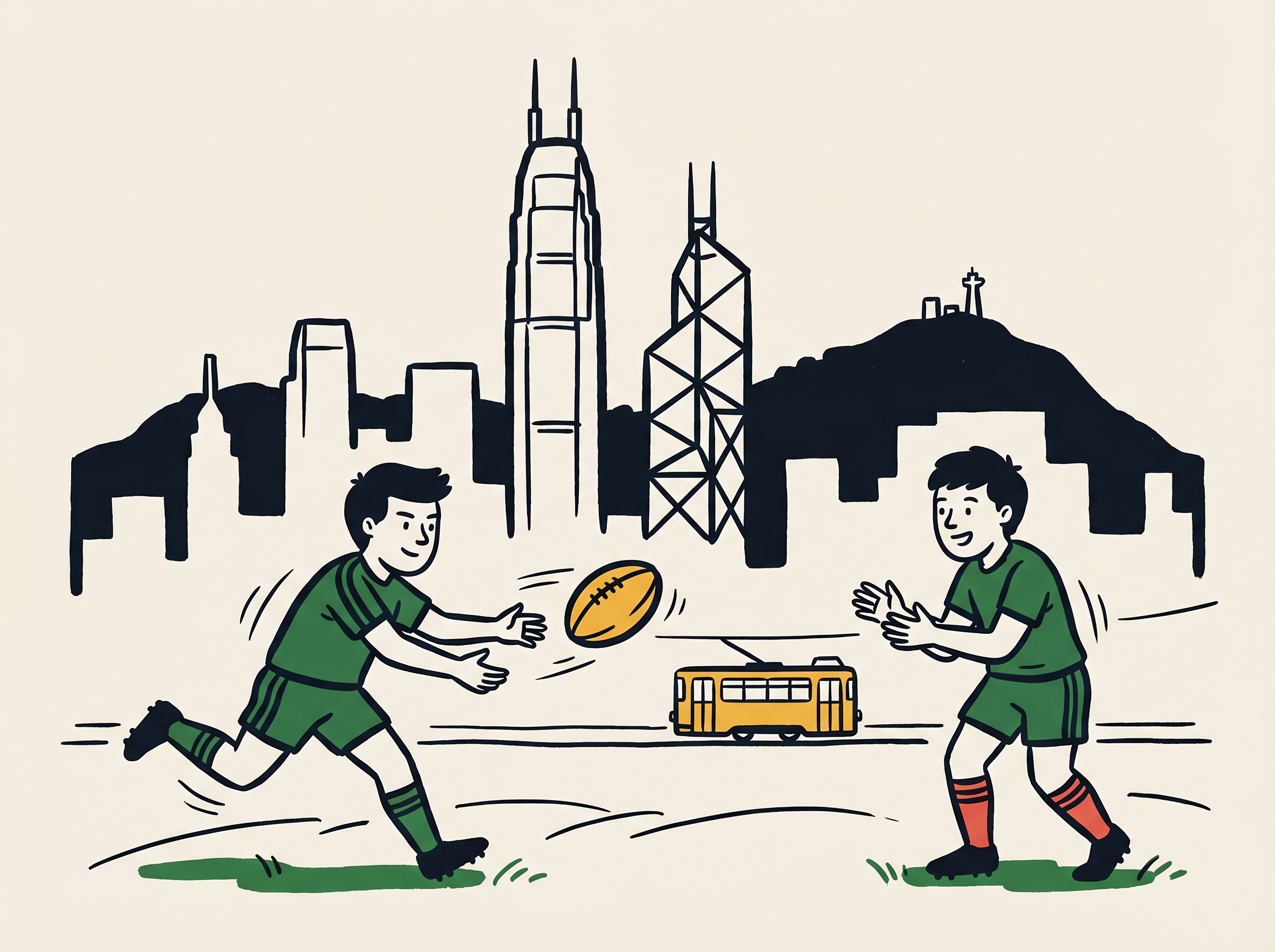 Hand-drawn illustration of two young rugby players passing a ball, with the Hong Kong skyline and a yellow tram in the background.