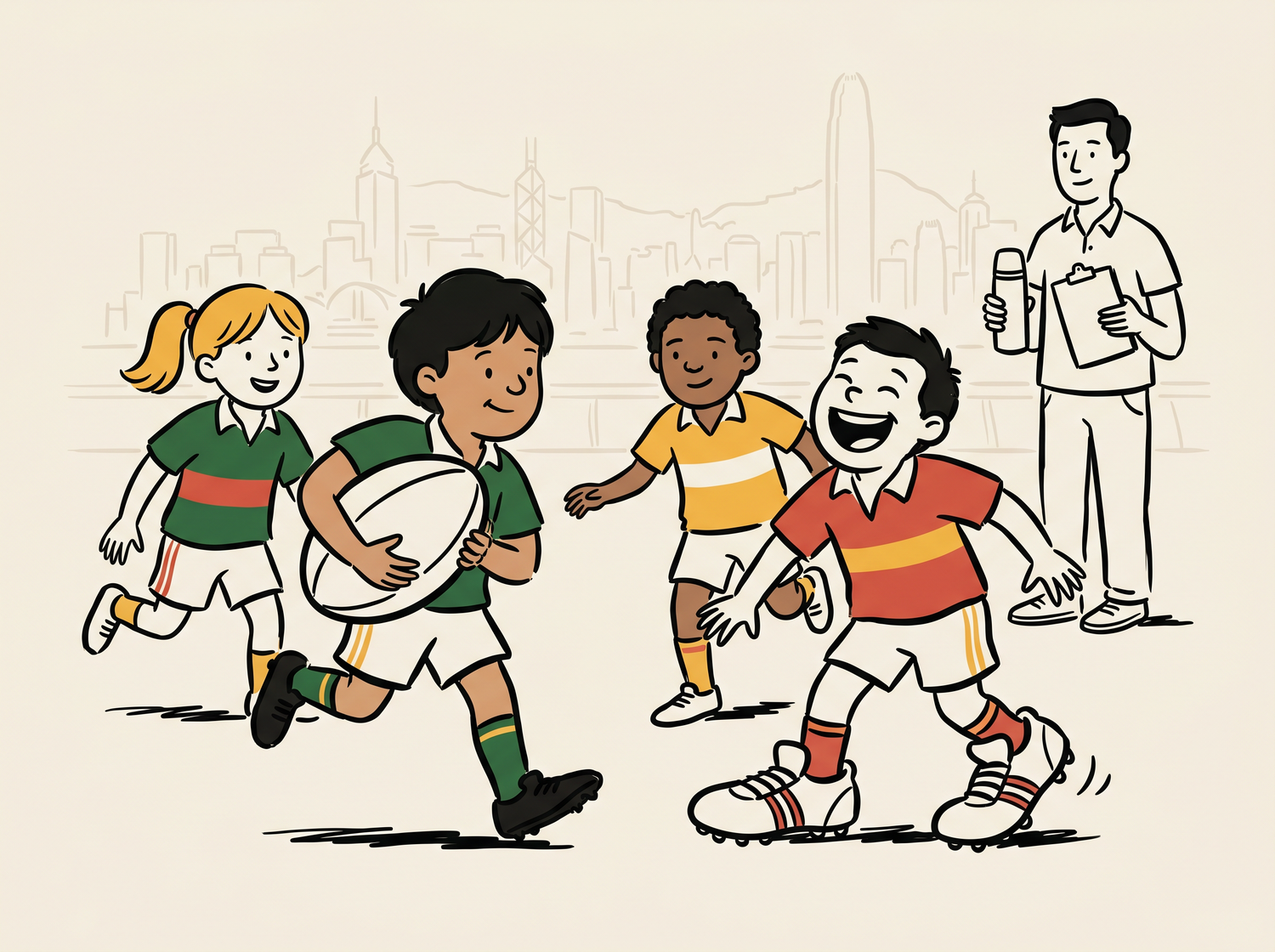 Cover illustration of the Mini Rugby Parents' Guide — a touchline parent shouting instructions while a young player looks up.