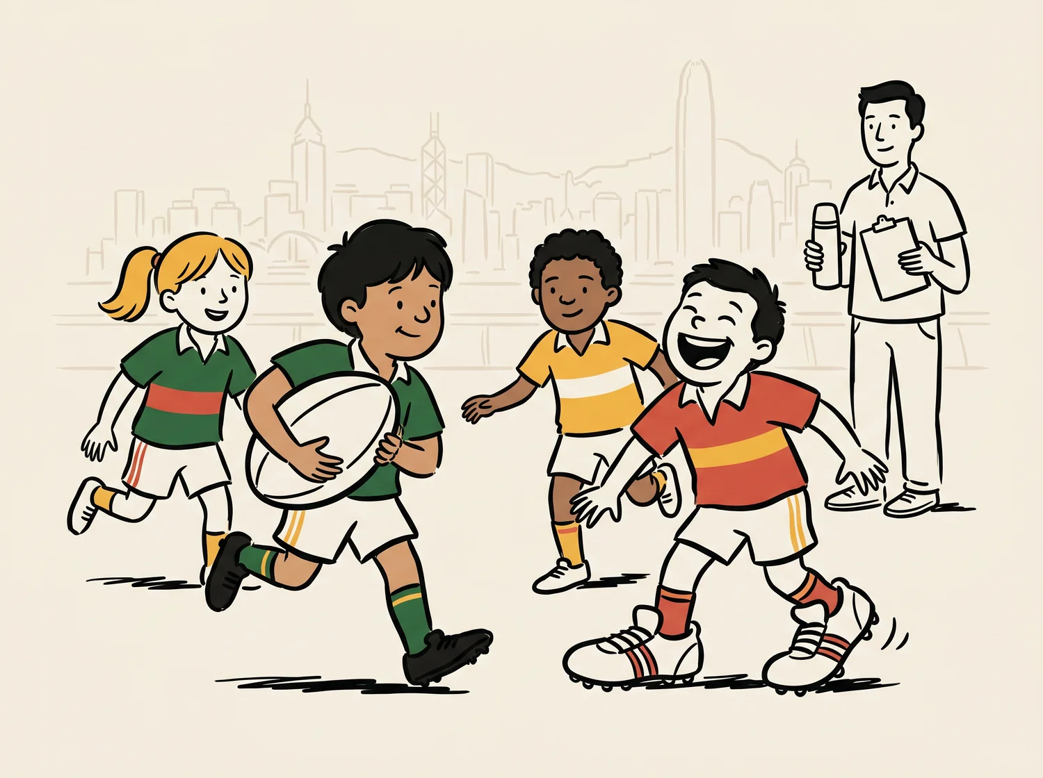 Cover illustration of the Mini Rugby Parents' Guide — a touchline parent shouting instructions while a young player looks up.