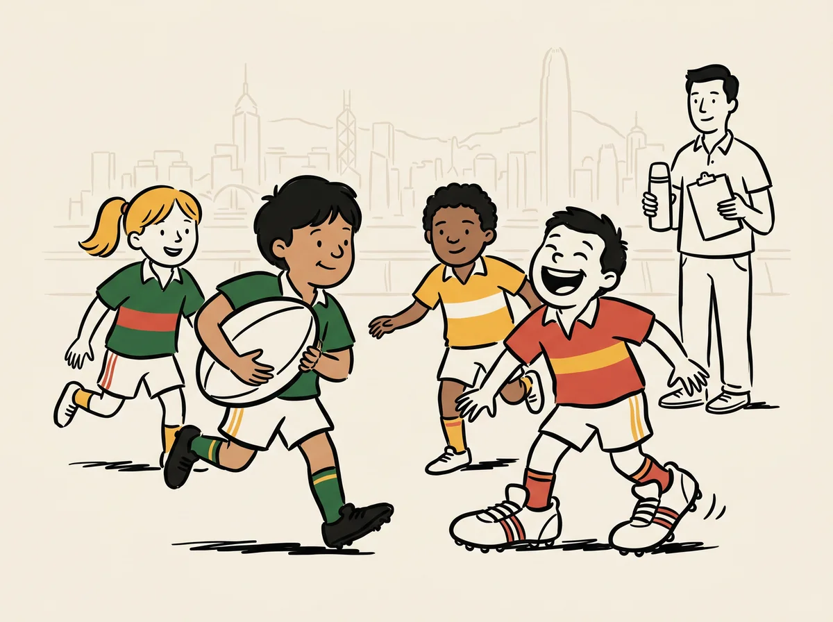 Illustration: a Hong Kong mini rugby Sunday morning — kids in green and yellow shirts playing across an iconic HK pitch with city skyline behind.